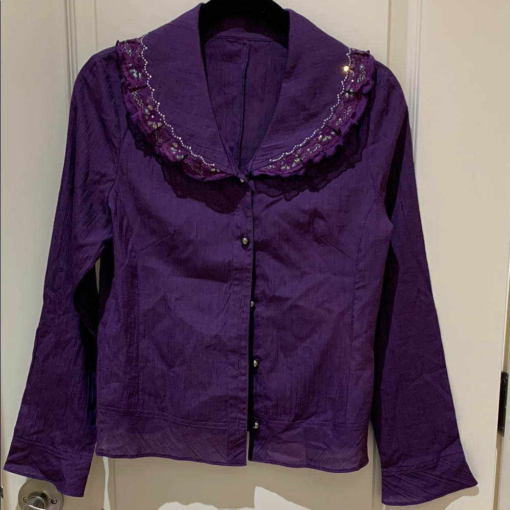 Purple Button-Up Blouse with Embellished Collar